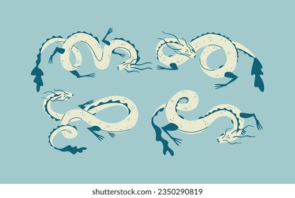 Set of four decorative dragons. Asian dragon or serpent, symbol of Chinese 2024. Vector isolated illustration.