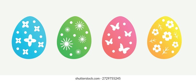 Set mit vier dekorativen Ostereiern. Eine charmante frühlingshafte Vektorgrafik mit gemütlicher und festlicher Stimmung.