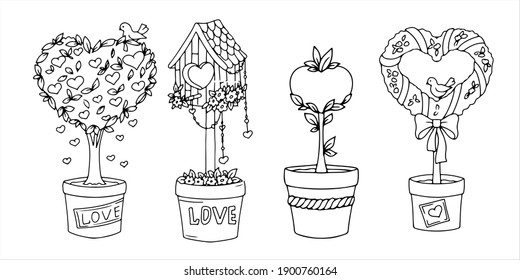 A set of four decorative for the garden. Figured plant in a pot. Topiary. Coloring book simple vector illustration hand drawn isolated on white background