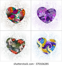 Set of four decorative hearts with bright floral pattern. Textured background. Vector illustration.