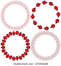 Set of four decorative illustrated circle frames made of cartoon ladybugs and dots
