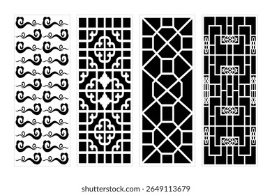 Set Of Four Decorative Panels In Asian Style Black And White
