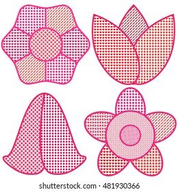 A set of four decorative pink flowers on the white background