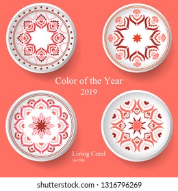 Set of four decorative plates with elegance tribal ornament over background in Living Coral color. Vector illustration, top view, mandala.Trendy concept of the color of the Year 2019