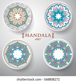 Set of four decorative plates with round tribal pattern for interior design, home decor, mandala. Vector illustration 