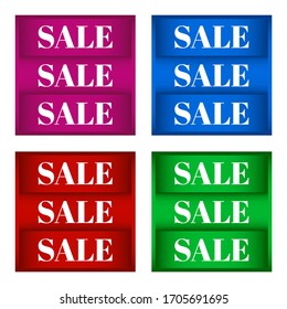 Set of four decorative square icons divided into three parts, each with a large white inscription "SALE". 3D effect gradient: lilac / purple, blue, red, green. Vector graphics, illustration