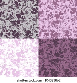 Set of four decorative sweet pea silhouette seamless patterns.