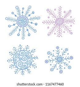 Set of four decorative vector illustrations of snowflakes.