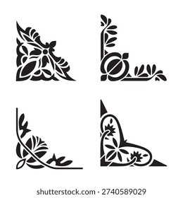Set of four decorative vintage corner borders with floral and leaf patterns for design projects.