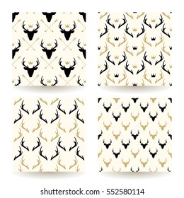 Set of four deer heads and horns patterns. Wild animal background collection