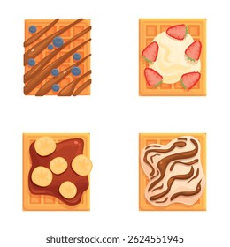 Set of four delicious belgian waffles topped with fruits, chocolate, and cream