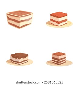 Set of four delicious cartoonstyle dessert cakes on plates isolated on a white background