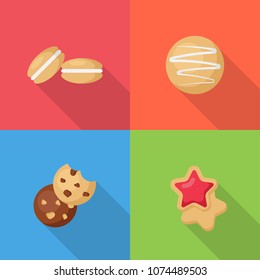 Set of Four delicious Cookies in flat style isolated on colorful background. Simple Cookie in flat style, vector illustration.  Can be used in banners, posters, restaurant  menu.