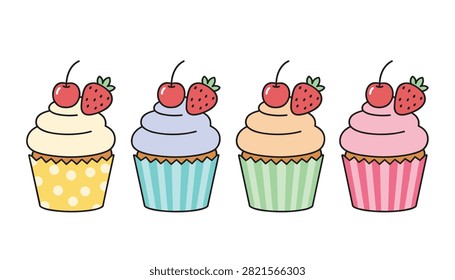 Set of four delicious cupcakes in pastel colors topped with a cherry and strawberry isolated on a white background.