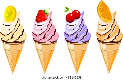 A set of four delicious fruit flavored ice cream cones