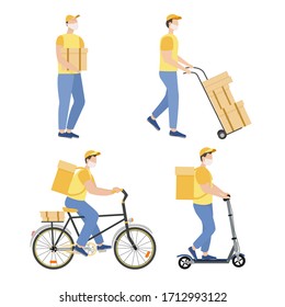 Set of four delivery couriers in uniform with package isolated on white background stock vector illustration. Riding on bike and on electric scooter. Using medical facial masks. Quarantine concept