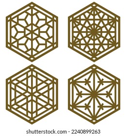 A set of four design elements Based on ornaments of the traditional Japanese craft Kumiko Zaiku.Brown color lines