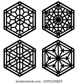 A set of four design elements Based on ornaments of the traditional Japanese craft Kumiko Zaiku.Black color lines