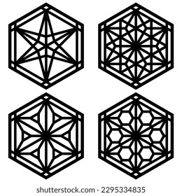 A set of four design elements Based on ornaments of the traditional Japanese craft Kumiko Zaiku.Black color lines