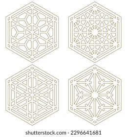 A set of four design elements Based on ornaments of the traditional Japanese craft Kumiko Zaiku.Brown color EDITABLE lines