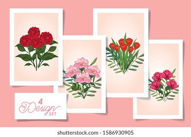 set of four designs with cute flowers vector illustration design