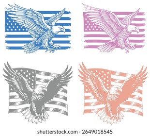 Um conjunto de quatro desenhos com uma águia sobreposta sobre uma bandeira americana angustiada em diferentes variações de cor.