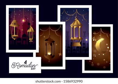 set four designs lanterns hanging and decoration of ramadan kareem vector illustration design