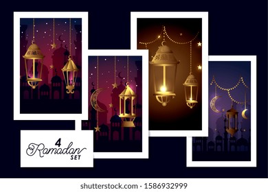 set four designs lanterns hanging and decoration of ramadan kareem vector illustration design