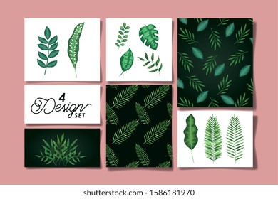 set of four designs leafs tropicals vector illustration design