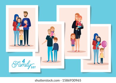 set four designs of parents and sons vector illustration design