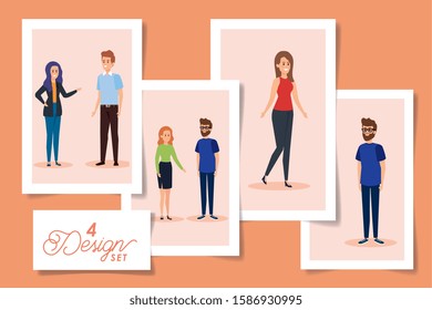 set four designs of young people vector illustration design