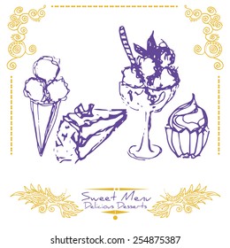 A set of four dessert symbols drawn in sketch style with grunge chalk texture