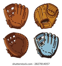 Set of Four Detailed Baseball Gloves for Sports and Athletic Training