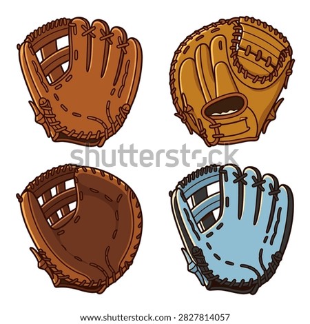 Set of Four Detailed Baseball Gloves for Sports and Athletic Training