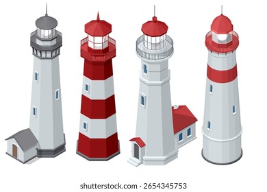 Um conjunto de quatro faróis isométricos detalhados, cada um com características arquitetônicas únicas e esquemas de cores, de pé como faróis de segurança.