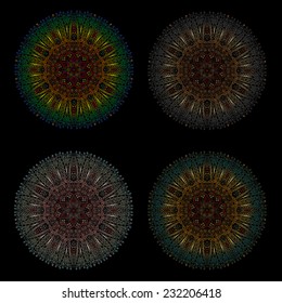 Set of four detailed lace pattern on a black background. Oriental mandala.