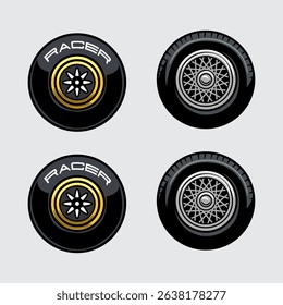Set of four detailed racing car wheel icons with stylish rims, metallic textures, and bold “RACER” labels. Ideal for automotive, racing, or game design