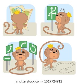 Set of four devastated monkeys loosing track, searching map and looking at direction signs (flat color kawaii illustration)