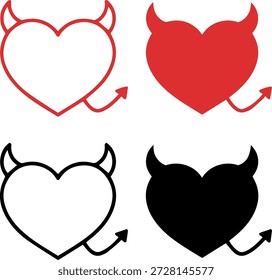 Conjunto de cuatro íconos del corazón del diablo con cuernos y cola para el día de San Valentín atrevido y Diseño gráfico rebelde