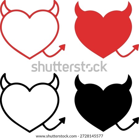 Set of four devil heart icons with horns and tail for edgy Valentine Day and rebellious graphic design