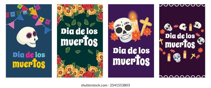 Conjunto de cuatro tarjetas del Día de los Muertos con calaveras decoradas, flores, cruz y velas para la celebración