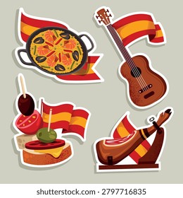 Set of four die-cut style stickers celebrating Spanish gastronomy and culture, each accented with the Spanish flag ribbon. Stickers feature a paella pan, a Spanish guitar, a tapas board with olive, tomato, chorizo and cheese, and a jamón ibérico leg. White outline border on each element enhances the sticker aesthetic. Ideal for packaging, merchandise, food branding, and Spanish-themed design projects.