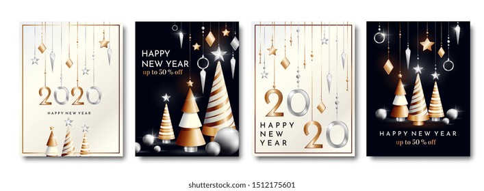 Set of four different 2020 New Year Poster designs two on black backgrounds and two on white with gold and silver themed party decorations, hats and text, vector illustration