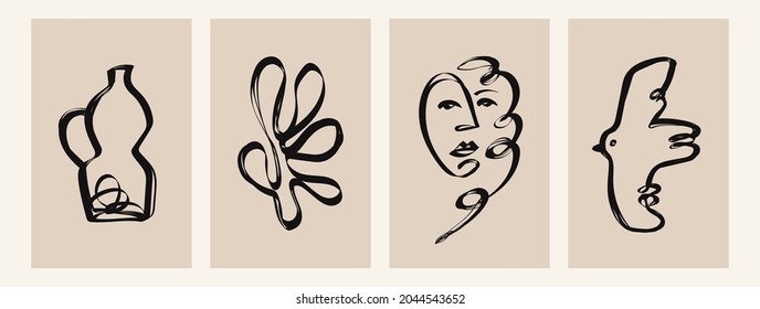 Set of four Different abstract Backgrounds or Patterns. Hand drawn doodle face, curves, jug, bird. Brush stroke style. Contemporary art. Modern trendy Vector illustrations. Poster, card templates