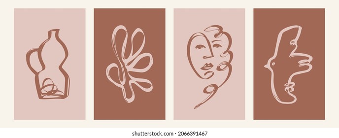 Set of four Different abstract Backgrounds or Patterns. Hand drawn doodle face, curves, jug, bird. Brush stroke style. Contemporary art. Modern trendy Vector illustrations. Poster, card templates