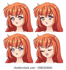 Set of four different anime emotions. Angry, sad and happy. Girl with red hair and big anime green eyes.