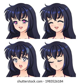 Conjunto de cuatro emociones anime diferentes. Enojado, triste y feliz. Chica con pelo negro y ojos grises de anime.