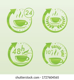 Conjunto de cuatro círculos de flecha diferentes con tazas de té verdes y otros símbolos de tiempo de descanso