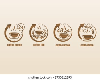 Set of four different arrow circles with coffee cups and other rest time symbols