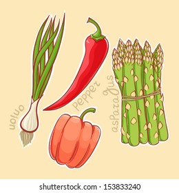 Set of four different autumn vegetables on yellow background 